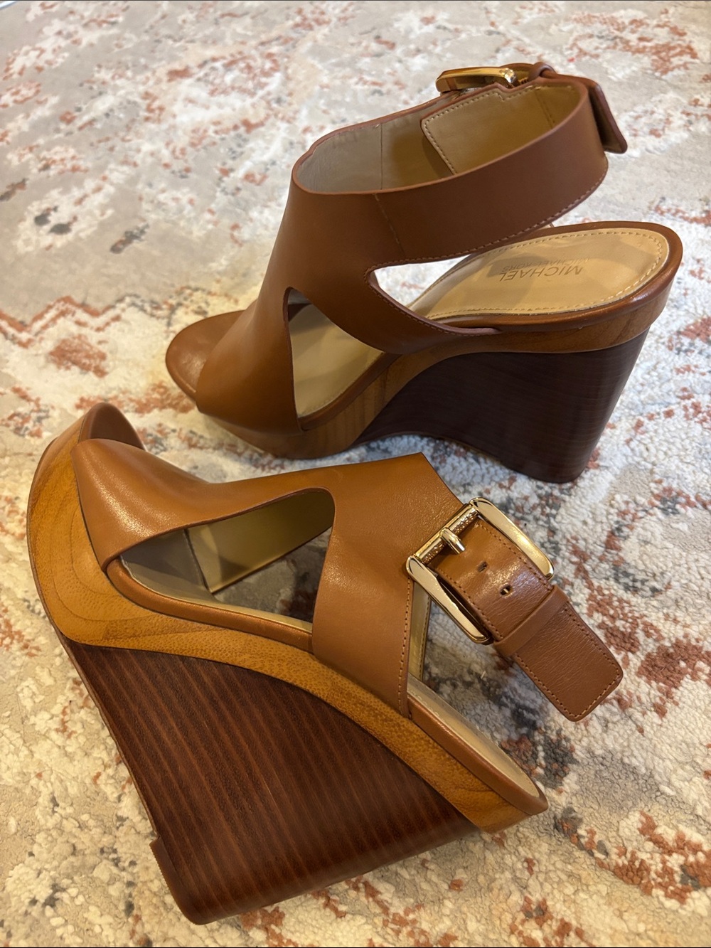 MICHAEL Michael Kors Josephine Leather Wedge Platform Sandals Luggage Brown - Picture 2 of 8